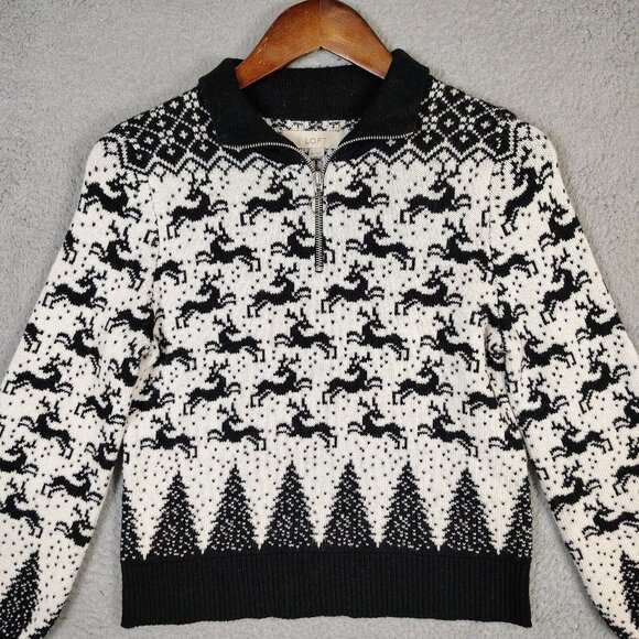 Loft Sweater Women XS Ivory Reindeer Wool Blend 1/4 Zip Balloon Sleeve Christmas - Picture 3 of 13